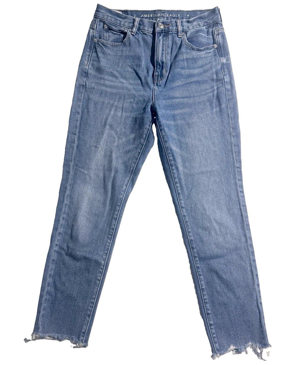 American Eagle Mom Jeans Size 4 Regular High Rise Straight Raw Hem Blue Denim